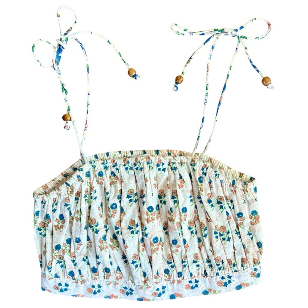 ASH & EDEN Samba Blue Floral Tie Strap Beaded Crop Tank Boho Festival | Sz S